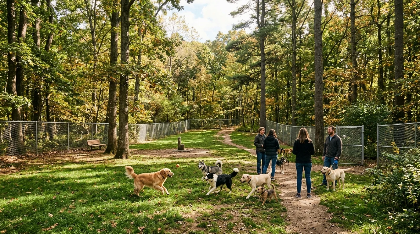 Dogs playing in a beautiful enclosed forest park
